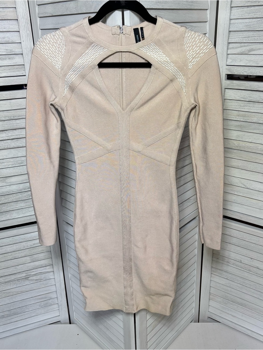 Marciano Beige Bandage Bodycon Dress XS Beaded Cutout Long Sleeve